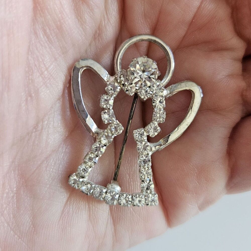 Silver Tone Vintage Angel Brooch Clear Rhinestones
